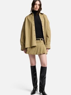 7FAM Pleated Twill Mini Skirt In Sandstorm Khaki Tan - Size 31